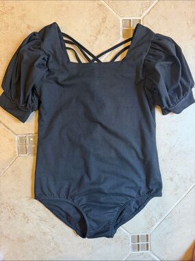 cheeky plum Girls Black Puff Sleeve One-Piece with Crisscross Back